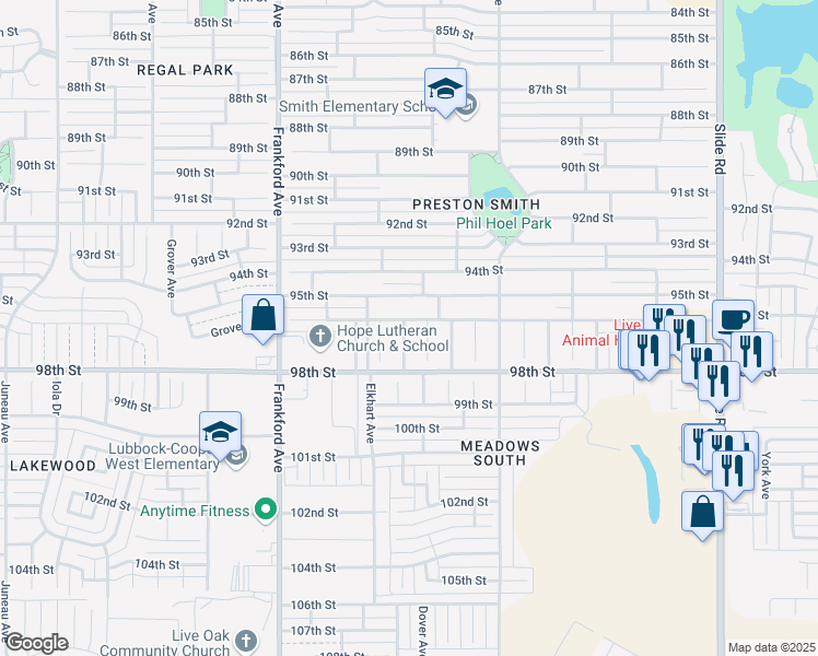 map of restaurants, bars, coffee shops, grocery stores, and more near 5613 96th Street in Lubbock