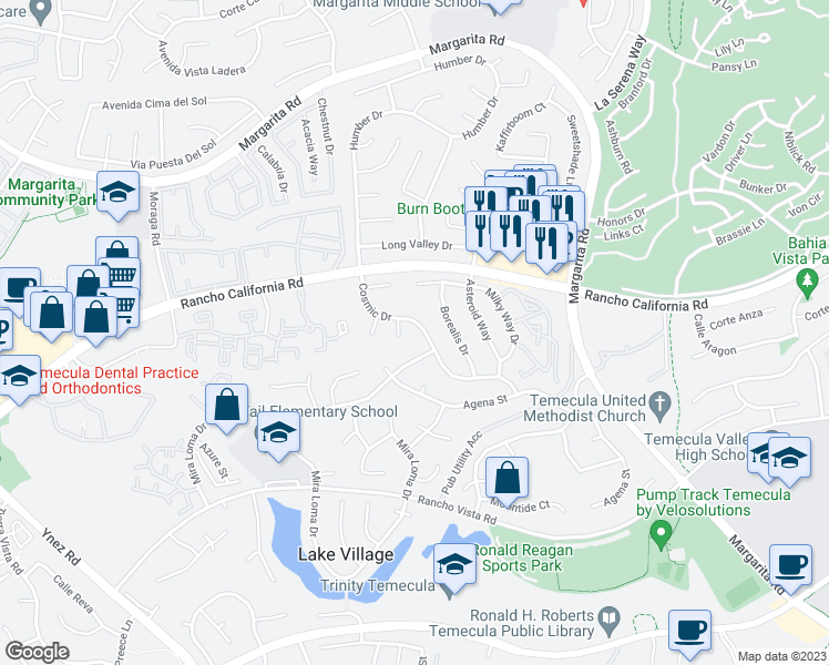 map of restaurants, bars, coffee shops, grocery stores, and more near 42201 Cosmic Drive in Temecula