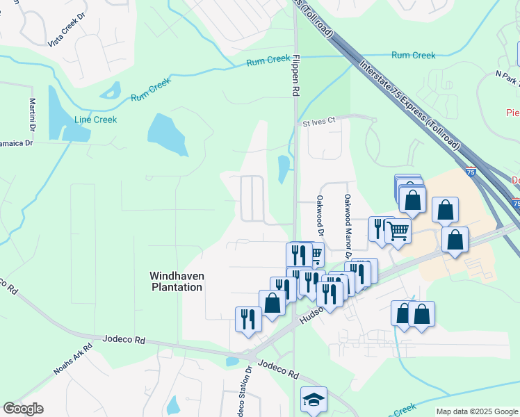 map of restaurants, bars, coffee shops, grocery stores, and more near 111 Watercress Court in Stockbridge