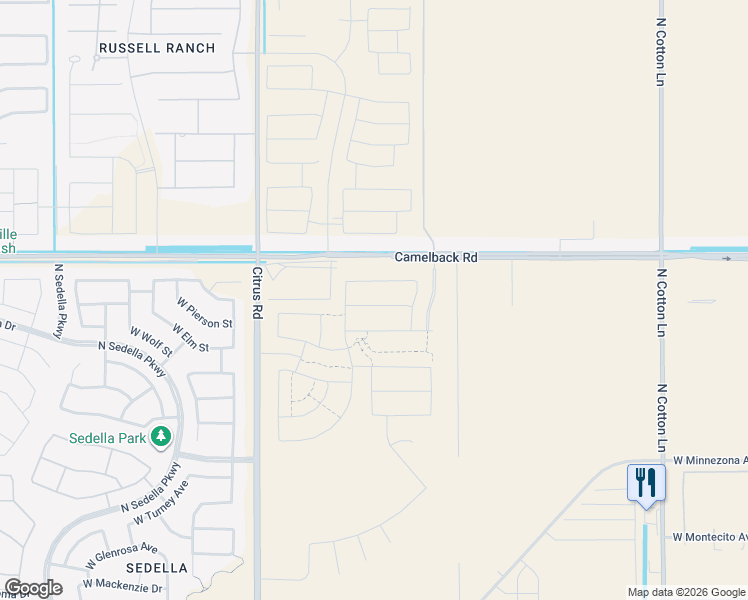 map of restaurants, bars, coffee shops, grocery stores, and more near 17652 West Mariposa Drive in Goodyear