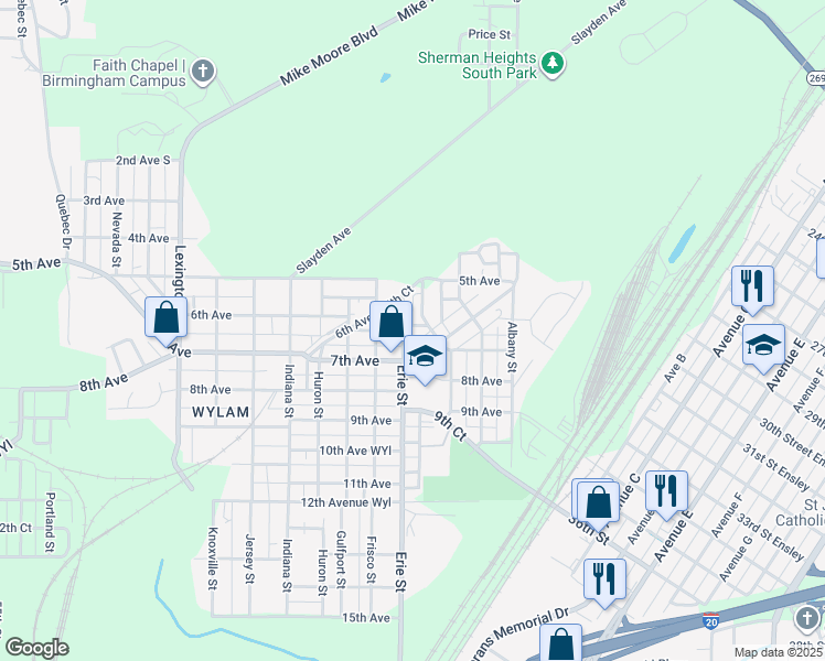 map of restaurants, bars, coffee shops, grocery stores, and more near 539 Erie Street in Birmingham