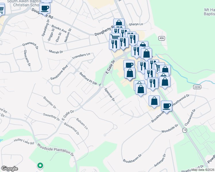 map of restaurants, bars, coffee shops, grocery stores, and more near 113 Melville Lane Southwest in Aiken