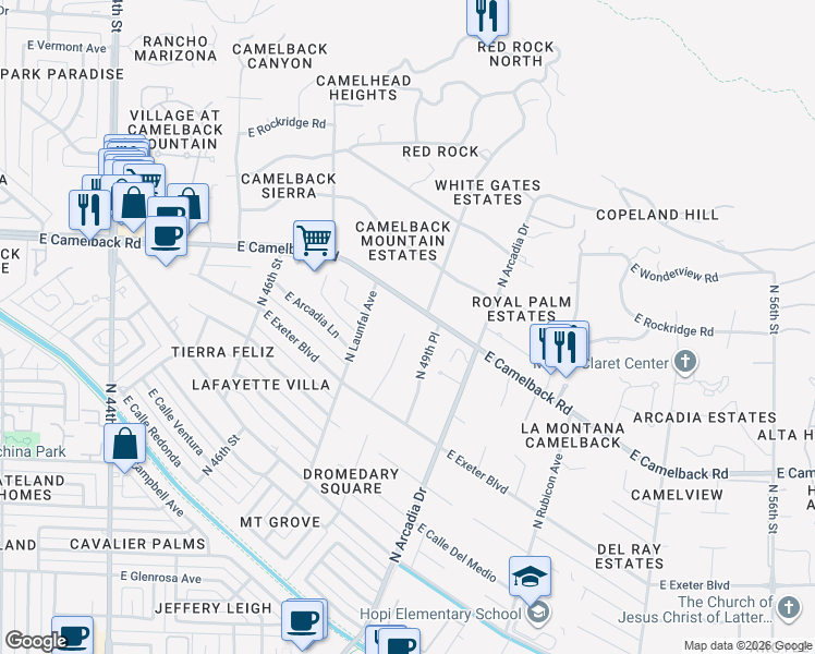 map of restaurants, bars, coffee shops, grocery stores, and more near 4935 East Camelback Road in Phoenix