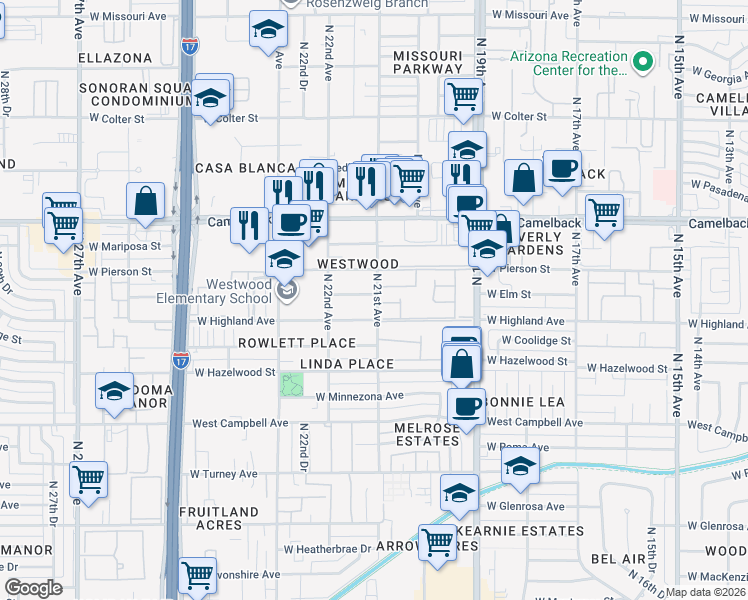 map of restaurants, bars, coffee shops, grocery stores, and more near 2055 West Elm Street in Phoenix