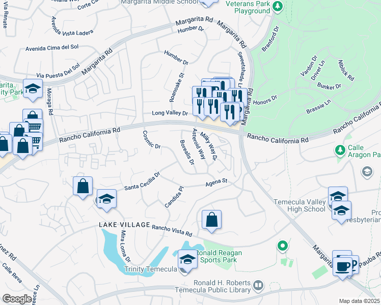 map of restaurants, bars, coffee shops, grocery stores, and more near 41828 Borealis Drive in Temecula