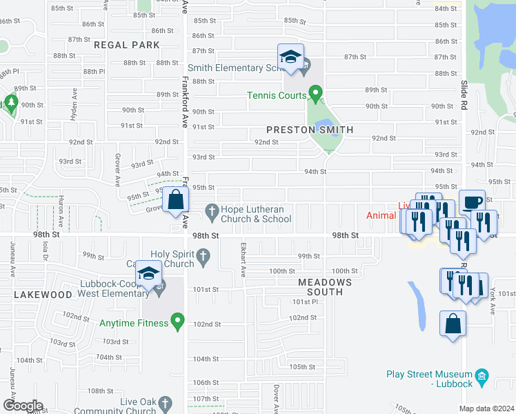 map of restaurants, bars, coffee shops, grocery stores, and more near 5619 96th Street in Lubbock