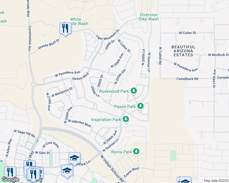 map of restaurants, bars, coffee shops, grocery stores, and more near 4923 North 205th Glen in Buckeye