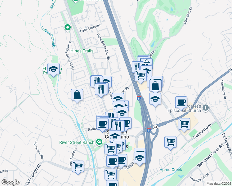map of restaurants, bars, coffee shops, grocery stores, and more near 31372 Guadalupe Street in San Juan Capistrano