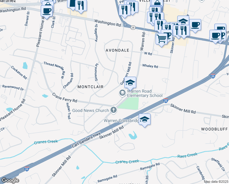 map of restaurants, bars, coffee shops, grocery stores, and more near 208 Gardners Mill Road in Augusta