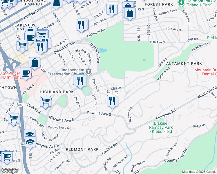 map of restaurants, bars, coffee shops, grocery stores, and more near 3300 Cliff Road in Birmingham