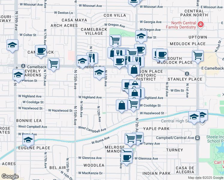 map of restaurants, bars, coffee shops, grocery stores, and more near 740 West Elm Street in Phoenix