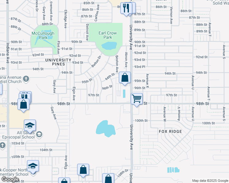 map of restaurants, bars, coffee shops, grocery stores, and more near 9607 Boston Avenue in Lubbock