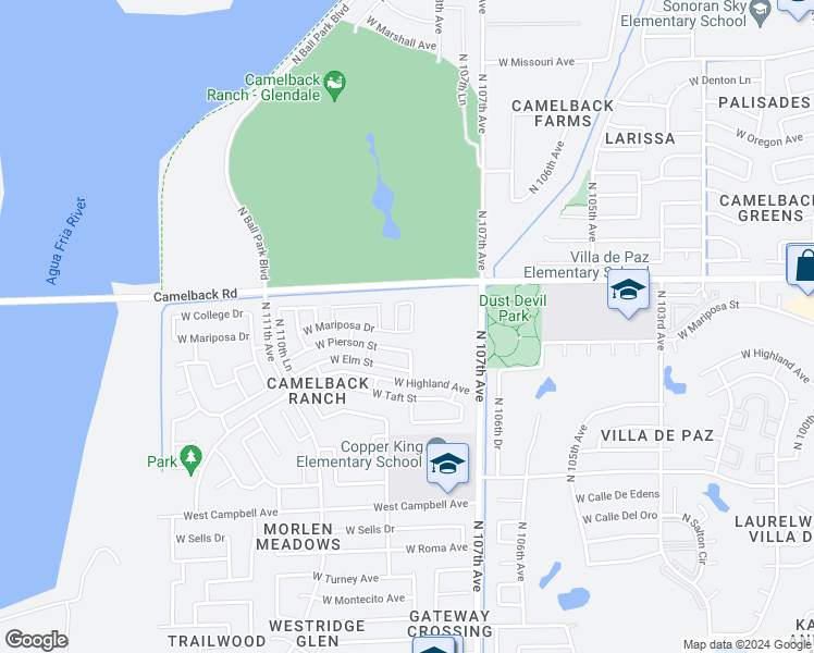map of restaurants, bars, coffee shops, grocery stores, and more near 4914 North 108th Avenue in Phoenix