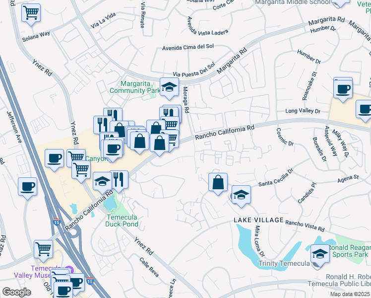 map of restaurants, bars, coffee shops, grocery stores, and more near 42301 Moraga Road in Temecula
