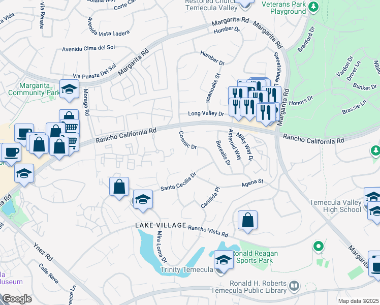 map of restaurants, bars, coffee shops, grocery stores, and more near 42758 Twilight Court in Temecula