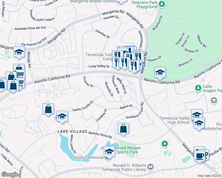 map of restaurants, bars, coffee shops, grocery stores, and more near 41828 Borealis Drive in Temecula