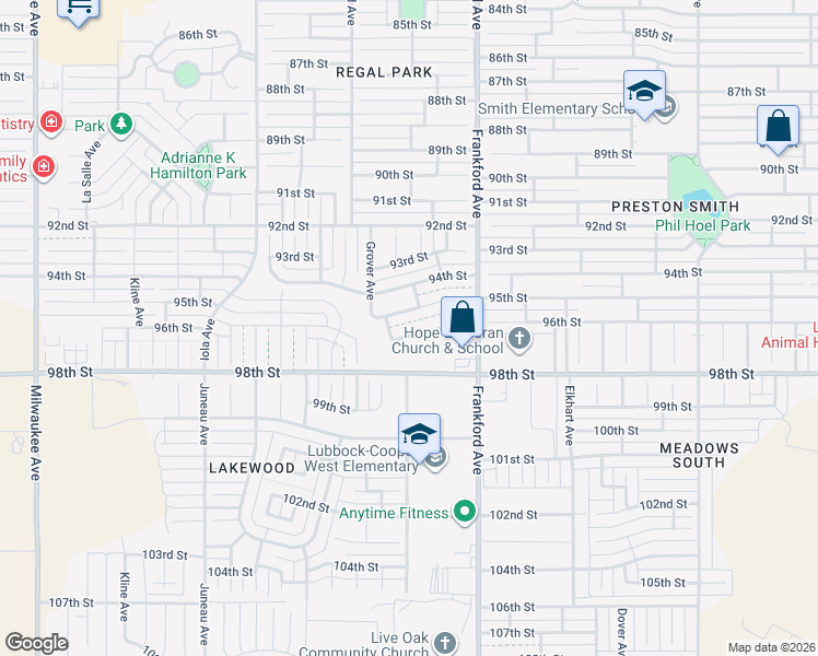 map of restaurants, bars, coffee shops, grocery stores, and more near 5911 95th Street in Lubbock
