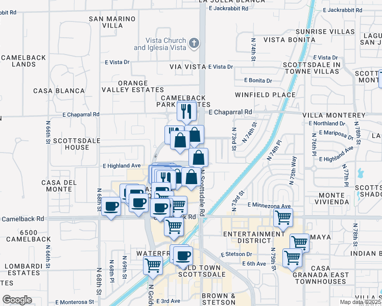 map of restaurants, bars, coffee shops, grocery stores, and more near 7151 East Rancho Vista Drive in Scottsdale