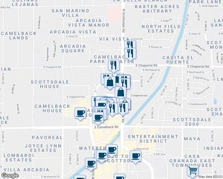 map of restaurants, bars, coffee shops, grocery stores, and more near 7151 East Rancho Vista Drive in Scottsdale