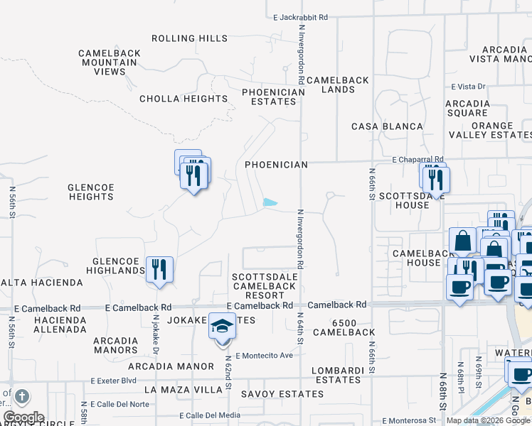 map of restaurants, bars, coffee shops, grocery stores, and more near 6321 East Phoenician Boulevard in Scottsdale