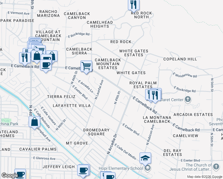 map of restaurants, bars, coffee shops, grocery stores, and more near 4935 East Camelback Road in Phoenix