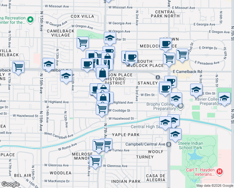 map of restaurants, bars, coffee shops, grocery stores, and more near 605 West Pierson Street in Phoenix