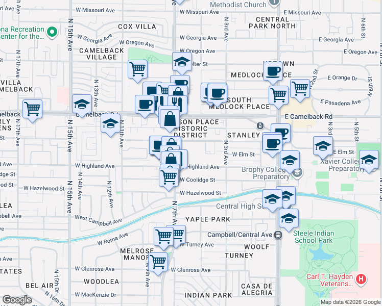 map of restaurants, bars, coffee shops, grocery stores, and more near 605 West Pierson Street in Phoenix