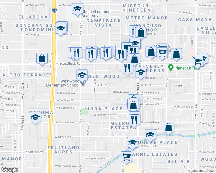 map of restaurants, bars, coffee shops, grocery stores, and more near 2055 West Elm Street in Phoenix