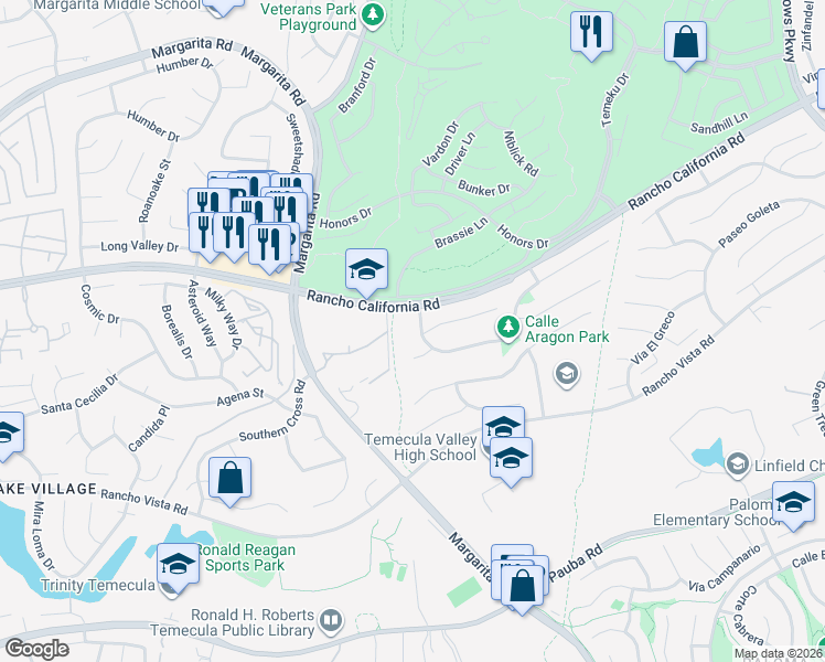 map of restaurants, bars, coffee shops, grocery stores, and more near 31015 Calle Aragon in Temecula