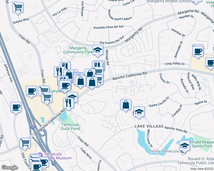 map of restaurants, bars, coffee shops, grocery stores, and more near 42301 Moraga Road in Temecula