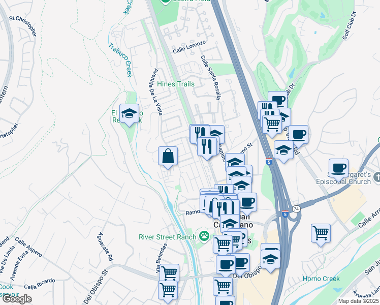map of restaurants, bars, coffee shops, grocery stores, and more near 31388 Los Rios Street in San Juan Capistrano