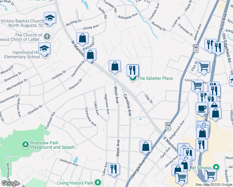 map of restaurants, bars, coffee shops, grocery stores, and more near 100 Georgia Avenue in North Augusta