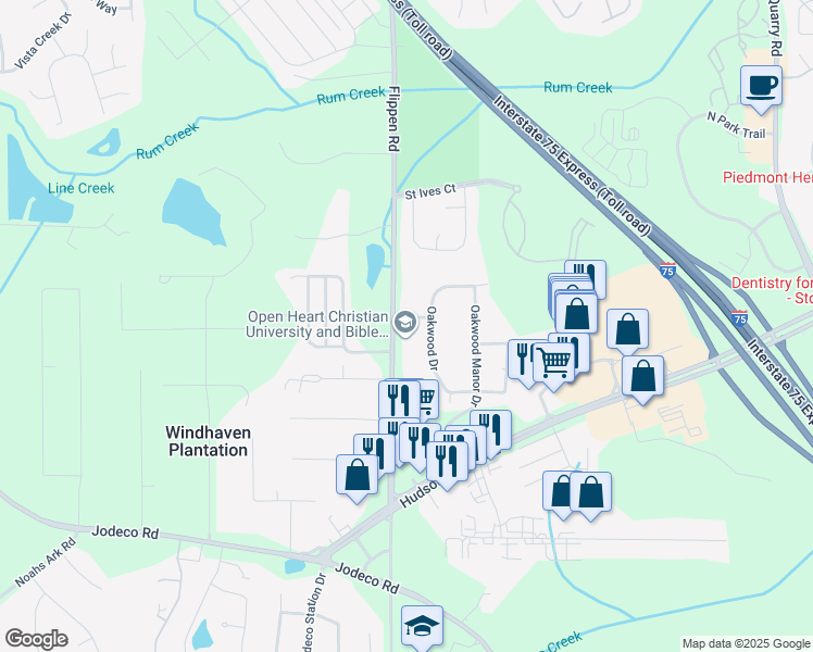 map of restaurants, bars, coffee shops, grocery stores, and more near 1537 Flippen Road in Stockbridge