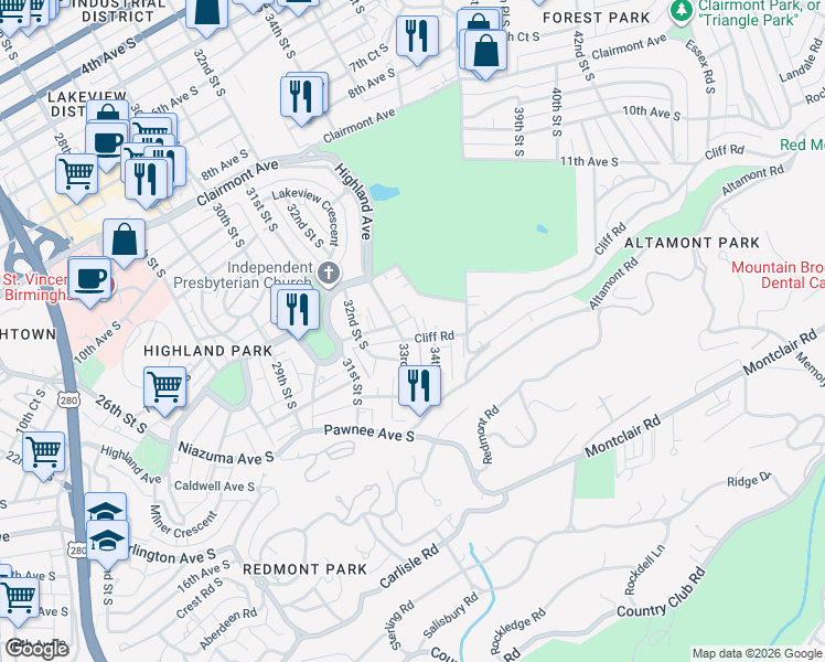map of restaurants, bars, coffee shops, grocery stores, and more near 3300 Cliff Road in Birmingham