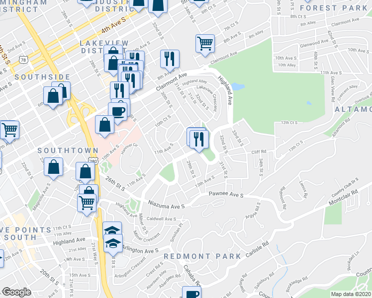 map of restaurants, bars, coffee shops, grocery stores, and more near in Birmingham