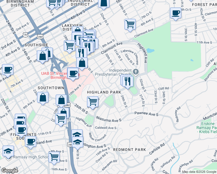 map of restaurants, bars, coffee shops, grocery stores, and more near 1025 28th Place South in Birmingham