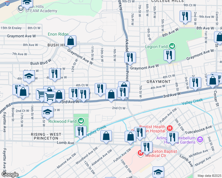 map of restaurants, bars, coffee shops, grocery stores, and more near 913 4th Court West in Birmingham