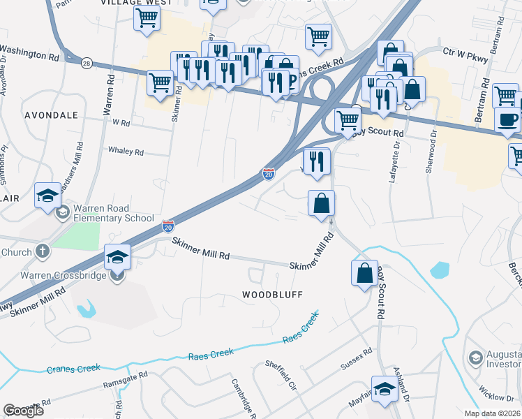 map of restaurants, bars, coffee shops, grocery stores, and more near 103 York Way in Augusta