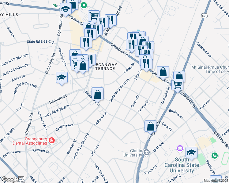 map of restaurants, bars, coffee shops, grocery stores, and more near 1151 Fairfield Street in Orangeburg