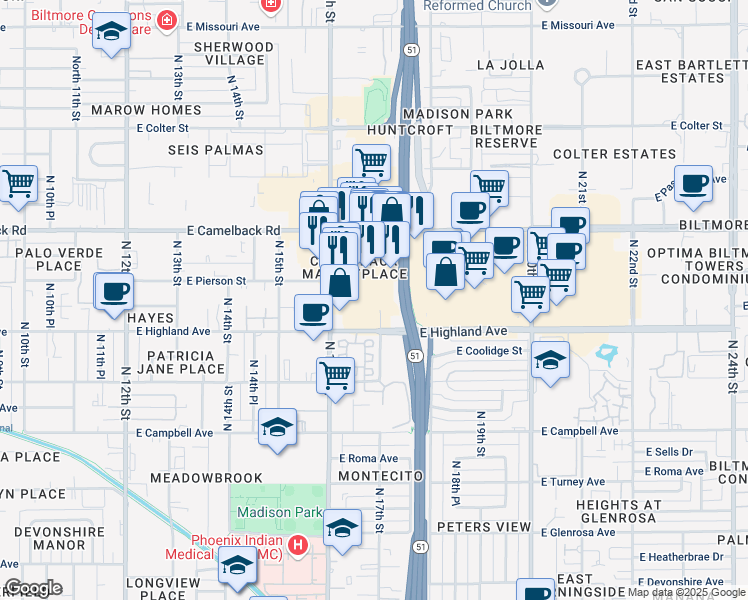 map of restaurants, bars, coffee shops, grocery stores, and more near 1661 East Camelback Road in Phoenix