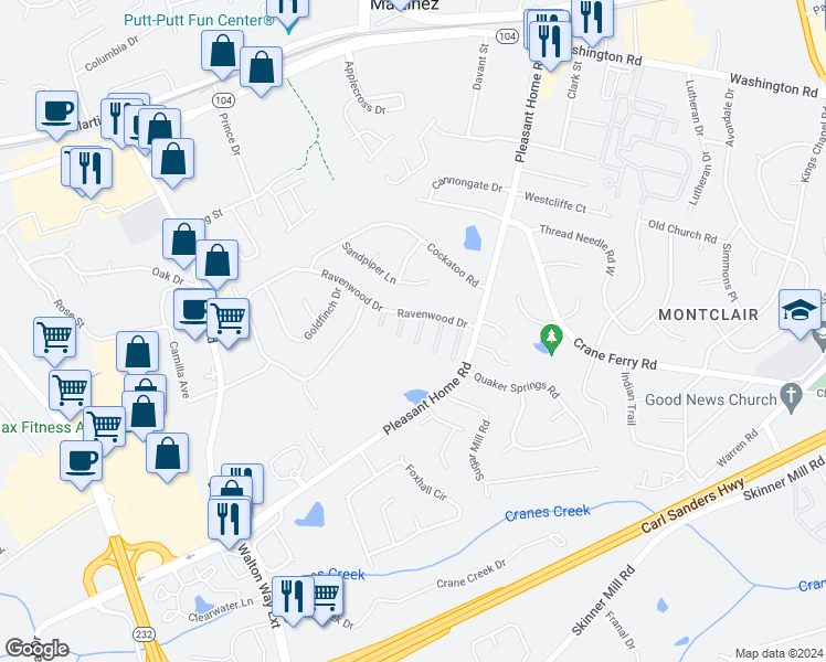map of restaurants, bars, coffee shops, grocery stores, and more near 69 Montebello Lane in Augusta