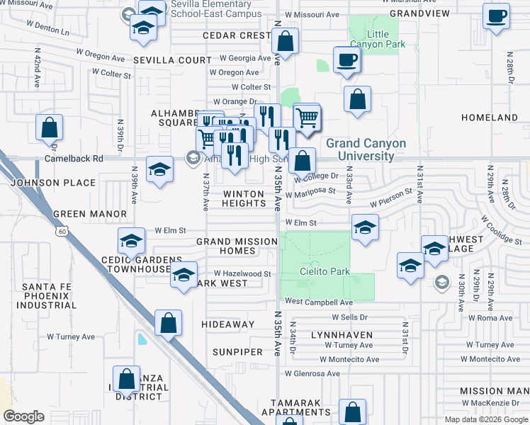 map of restaurants, bars, coffee shops, grocery stores, and more near 3526 West Pierson Street in Phoenix