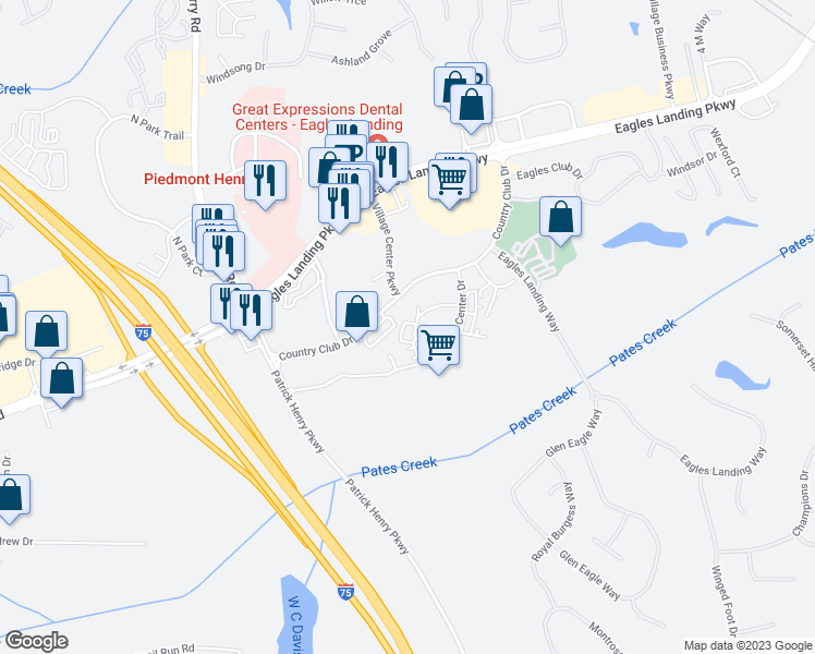 map of restaurants, bars, coffee shops, grocery stores, and more near 340 Corporate Center Court in Stockbridge