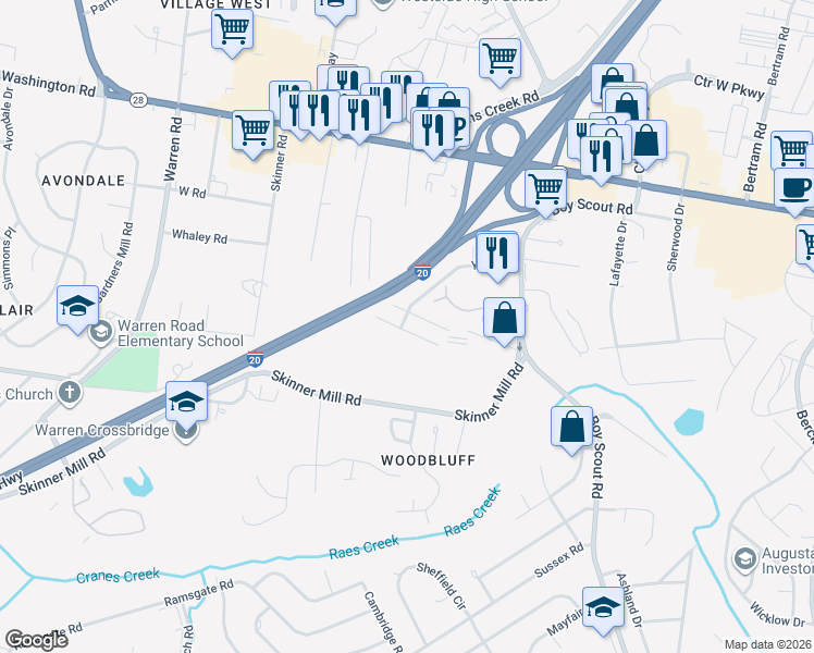 map of restaurants, bars, coffee shops, grocery stores, and more near 103 York Way in Augusta