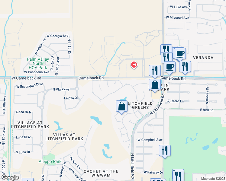 map of restaurants, bars, coffee shops, grocery stores, and more near 14210 West Greentree Drive South in Litchfield Park