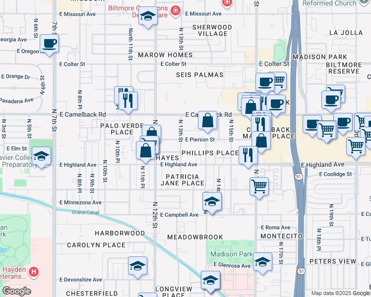 map of restaurants, bars, coffee shops, grocery stores, and more near 1320 East Highland Avenue in Phoenix