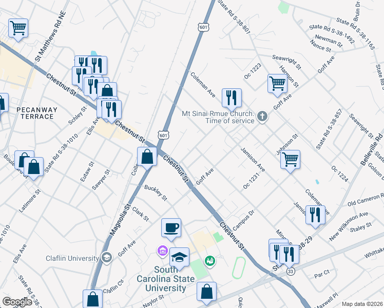 map of restaurants, bars, coffee shops, grocery stores, and more near 1274 Ashley Street in Orangeburg