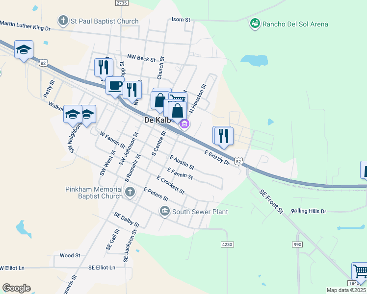 map of restaurants, bars, coffee shops, grocery stores, and more near 318 East Grizzly Drive in De Kalb
