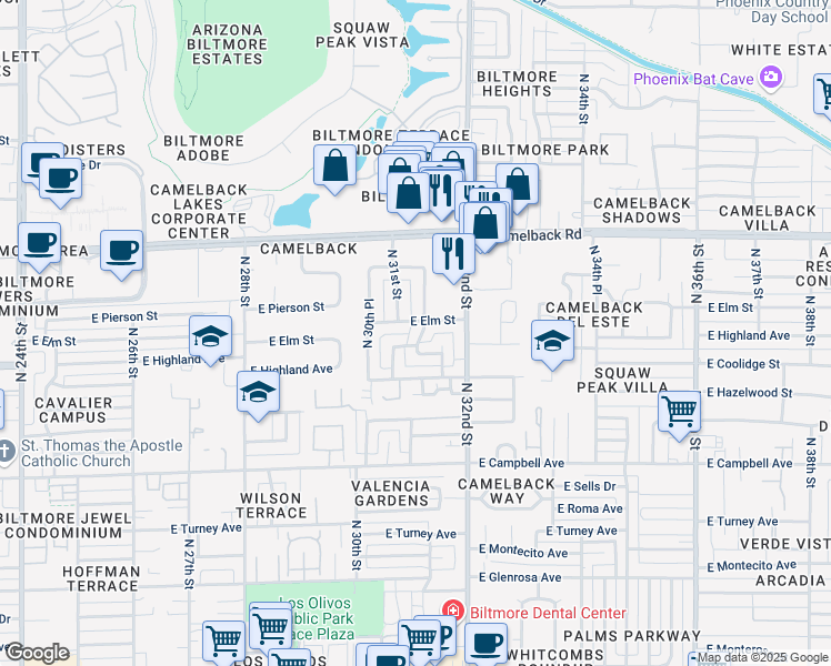 map of restaurants, bars, coffee shops, grocery stores, and more near 3041 East Elm Street in Phoenix