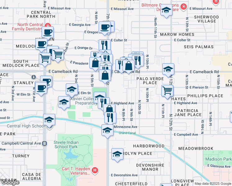 map of restaurants, bars, coffee shops, grocery stores, and more near 4745 North 7th Street in Phoenix